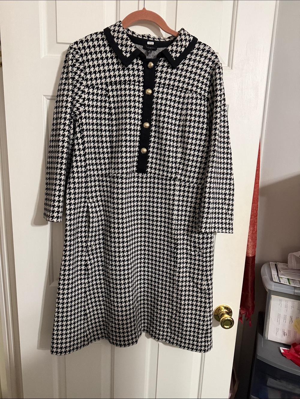 Talbots Black and White Houndstooth Midi Dress with Gold Buttons